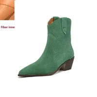 Womens Chelsea Boots for Spring Autumn Cow Suede Pointy Toe Chunky Heel Stitched Ankle Boots Winter Shoes Woman Western Botas - Image 3
