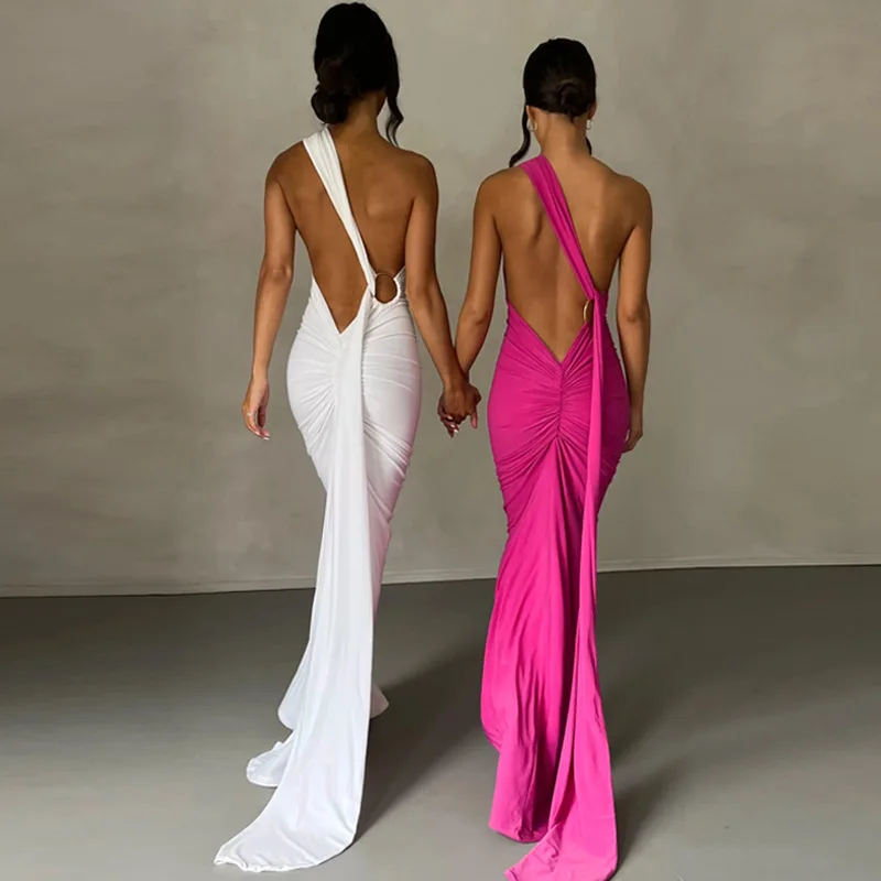 

Sexy Backless Pleated Slim Fit Solid Sleeveless Dress Women Elegant Long Dress Fashion Hip Package Lady Robe Evening Party Dress