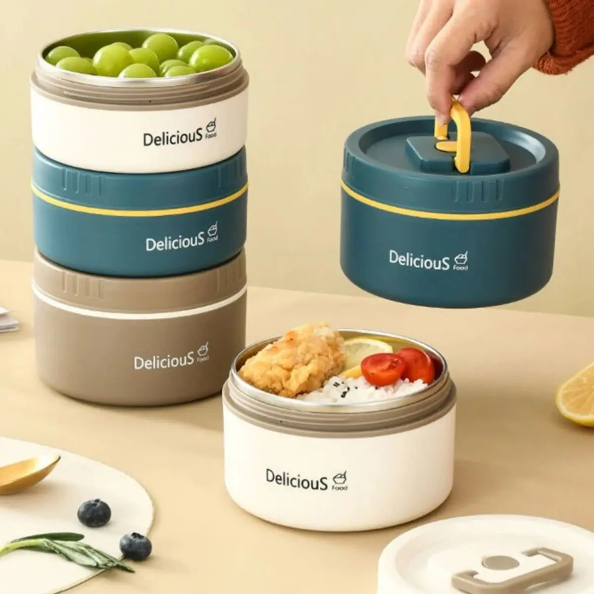 1pcs Portable thermal lunch box Set of Adult Stainless Steel Thermal Lunch Box for Hot Food Bag Neutral