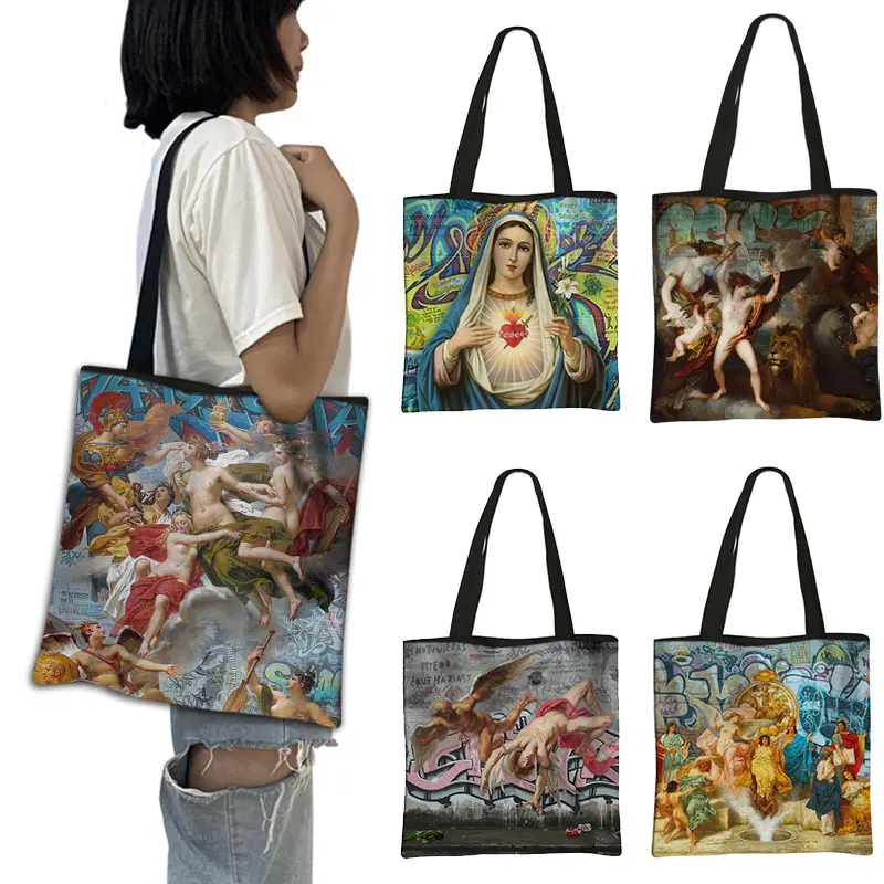 

Customized Oil Painting Cloth Tote Bags for Women Retro Graffiti with Art Printing Canvas Handbag Large Capacity Shopping Totes