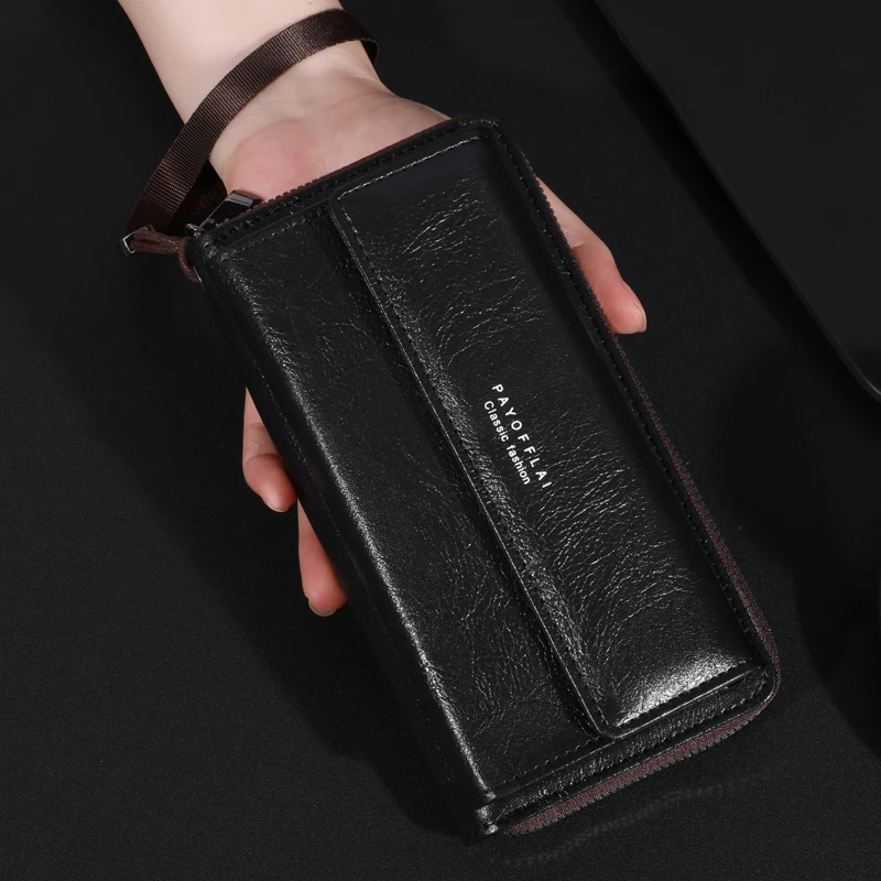 Men's Leather Wallet PU Zipper Handbag Large Capacity Long Wallet Clutch Bag Phone Bag Multi Card Card Holder Coin Purse Double Layer