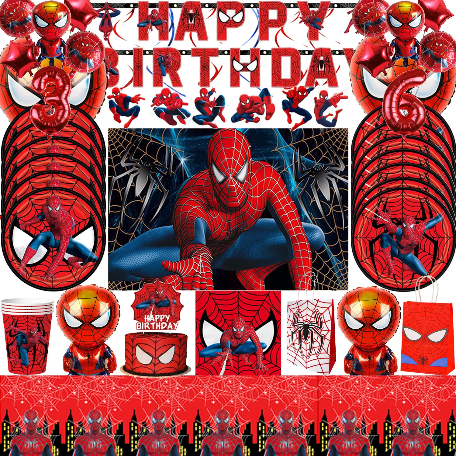 

Spiderman Birthday Party Supplies and Decorations Super hero Party Supplies Serves 8 Guests with Banner Table Cover Cups Plates