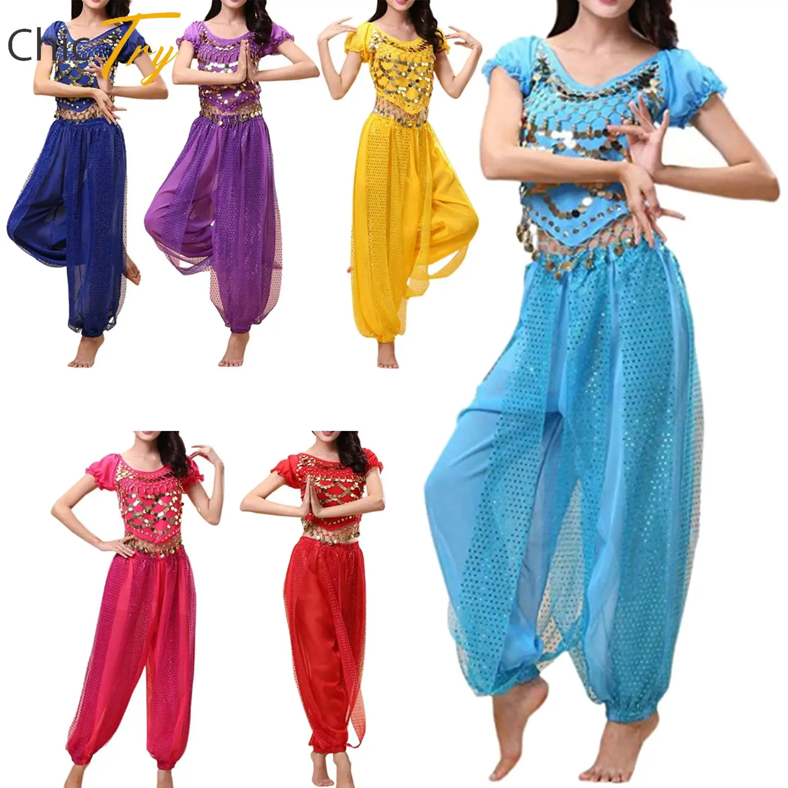 

Womens Belly Dance Costume Dancer Outfit Sparkly Sequin Puff Sleeve Lace-up Back Crop Top Harem Pants Dance Costumes Set