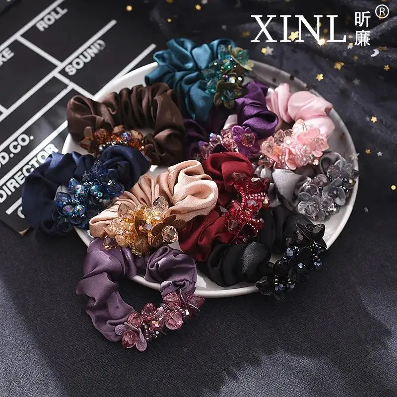Elegante Kristall Floral Stoff Scrunchies Frauen Mädchen Elastische Haar Gummi Bands Zubehör Krawatte Haar Ring Seil Headwear Kopfschmuck – Detail 9