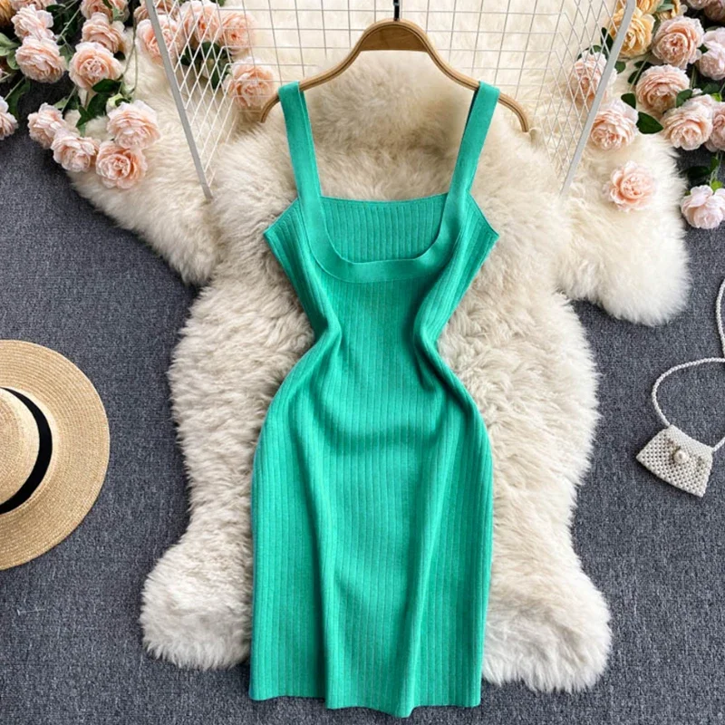2026 Women Strap Knitted Dress Korean Square Collar Sleeveless Elastic ...