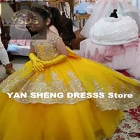 Gold Girls Princess Dress 2025 Tulle Tiered Flower Girl Dress Toddlers Beaded Lace Pageant Dress Customized Birthday Party Gowns