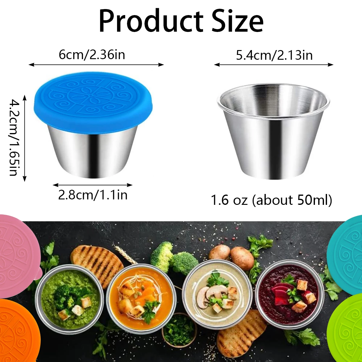 6Pcs 50ml Salad Container Box Stainless Steel Condiment Containers Leak-Proof Mini Sauce Cup for Lunch Box Picnic Travel Work 5