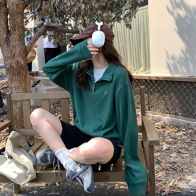 

Spring Autumn Fold Wear Half Zipper Lapel Embroidered Y2k Hoodie Women Korean Version Fashion All-Match Casual Coat 5 Color