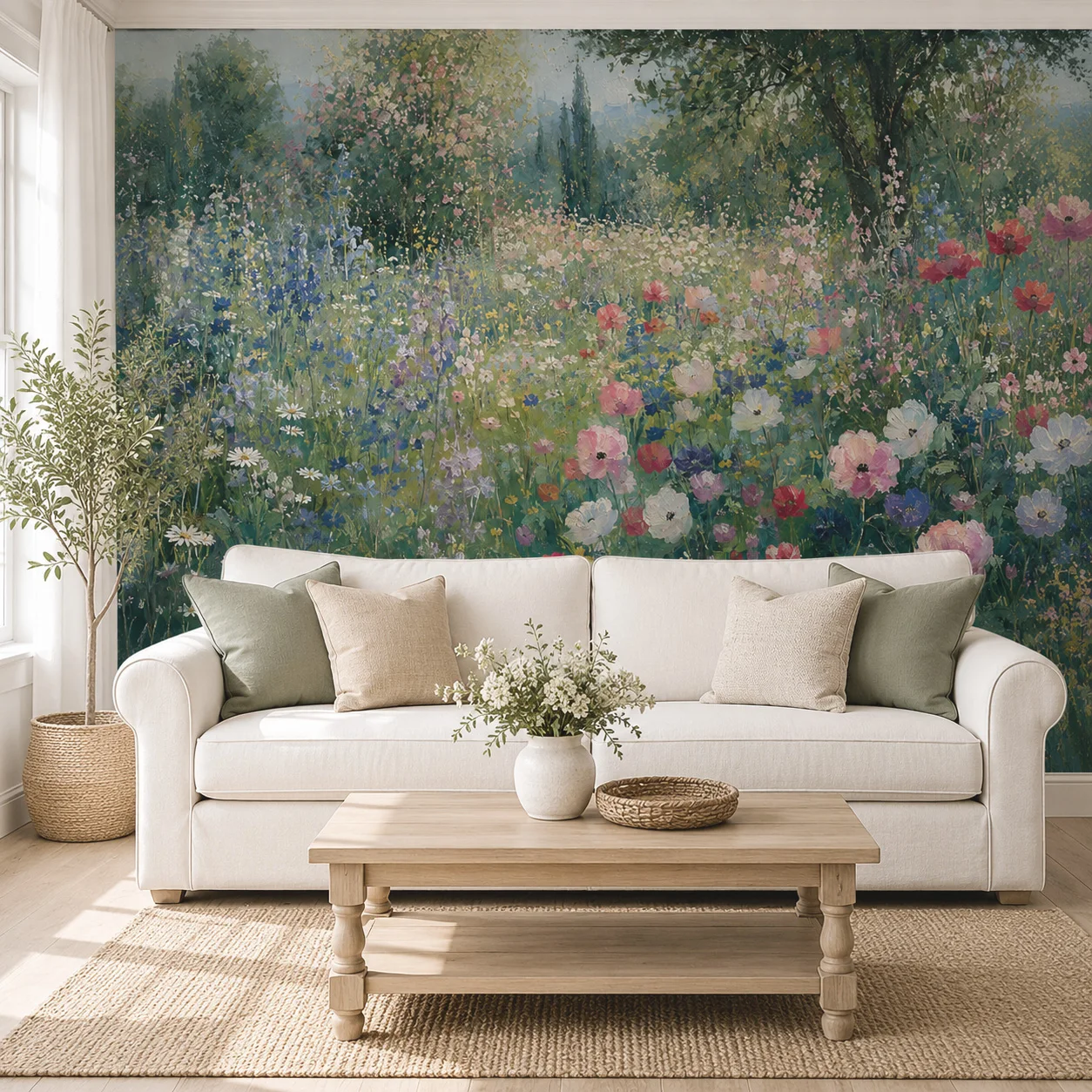 Papier peint mural personnalisé motif prairie fleurie, paysage de jardin floral, décoration murale pour salon, non auto-adhésif, nécessite de la colle. 1