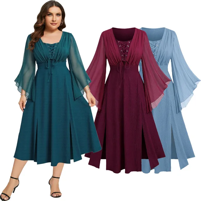 ROSEGAL Plus Size Dresses Lace Up Ruched Mesh Flare Sleeves Textured Split Dress 2025 Autumn Women Daily Holiday Casual Dress 1