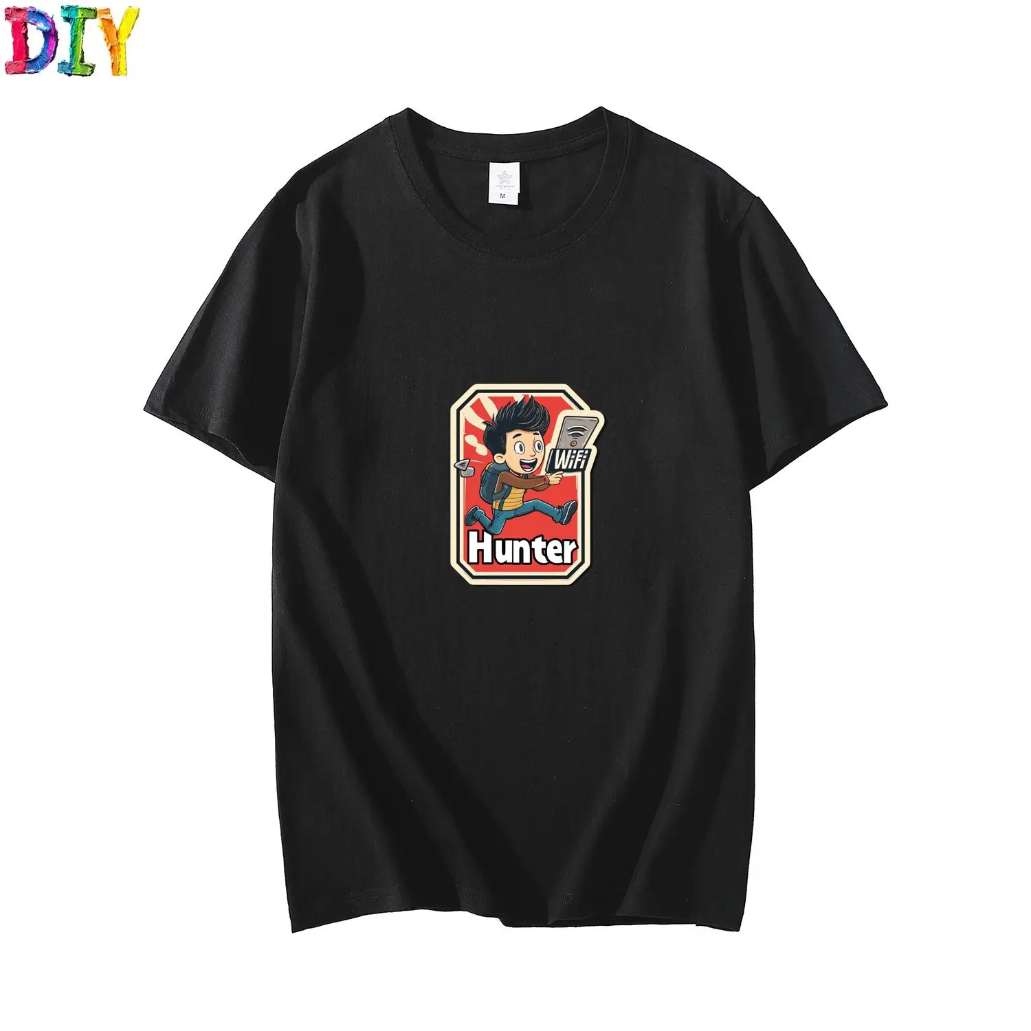 Cool Sticker Design Of A Person Enthusiastically Searching For Wifi Fashion Gildan Viral Soft T Shirt Men Round Neck