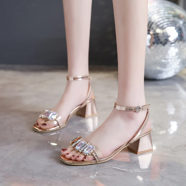 Womens Crystal Block Heeled Sandals Summer Double Transparent Strap Heels  Comfy Slip On Pumps, 90 Days Buyer Protection