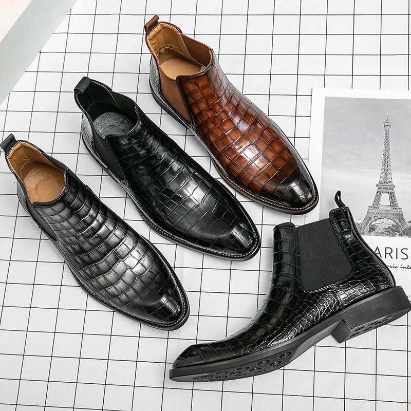New Brown Chelsea Boots for Men Black Business Pointed Toe Slip-On Crocodile Pattern Handmade Men's Short Boots