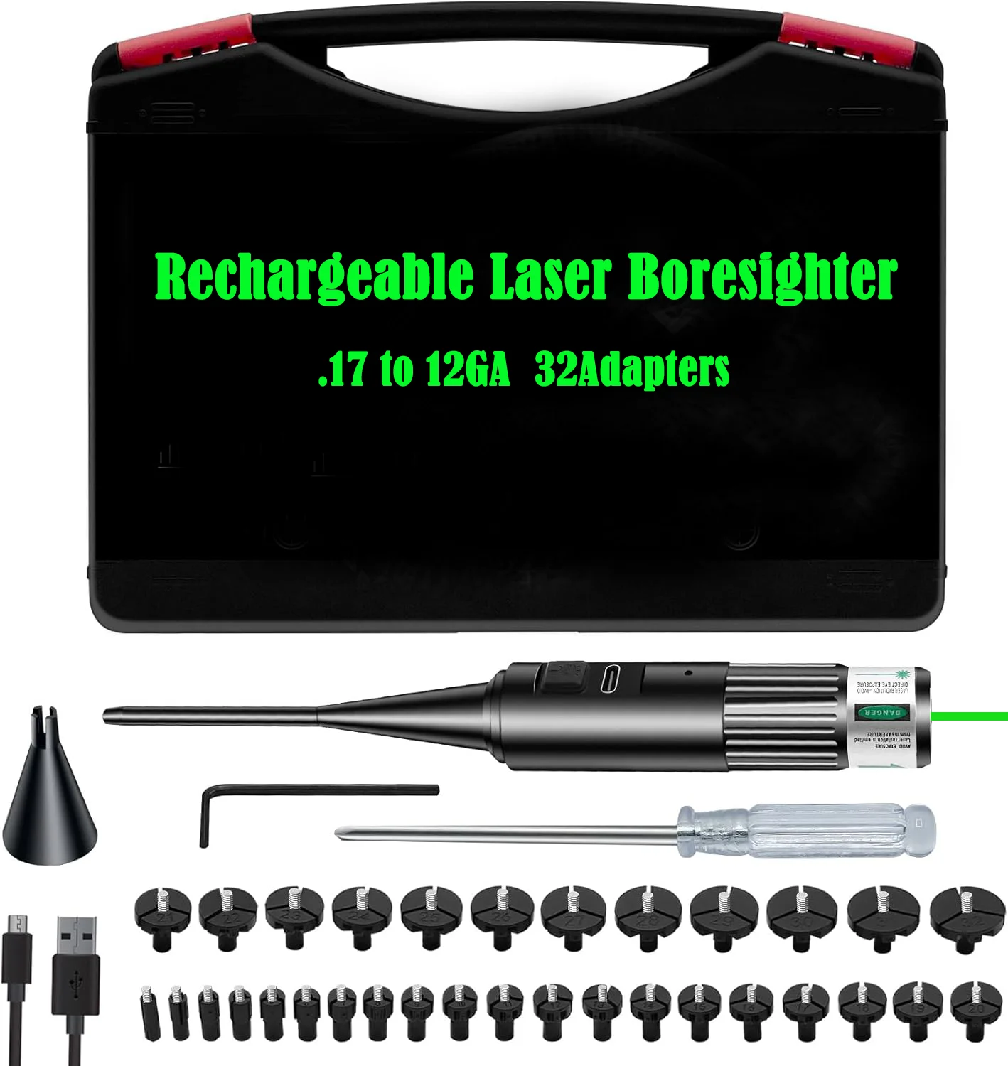 Laser bore sight USB charging laser boresigher kit 32 adapters .17 .177 .22 to 12GA rechargeable laser collimator