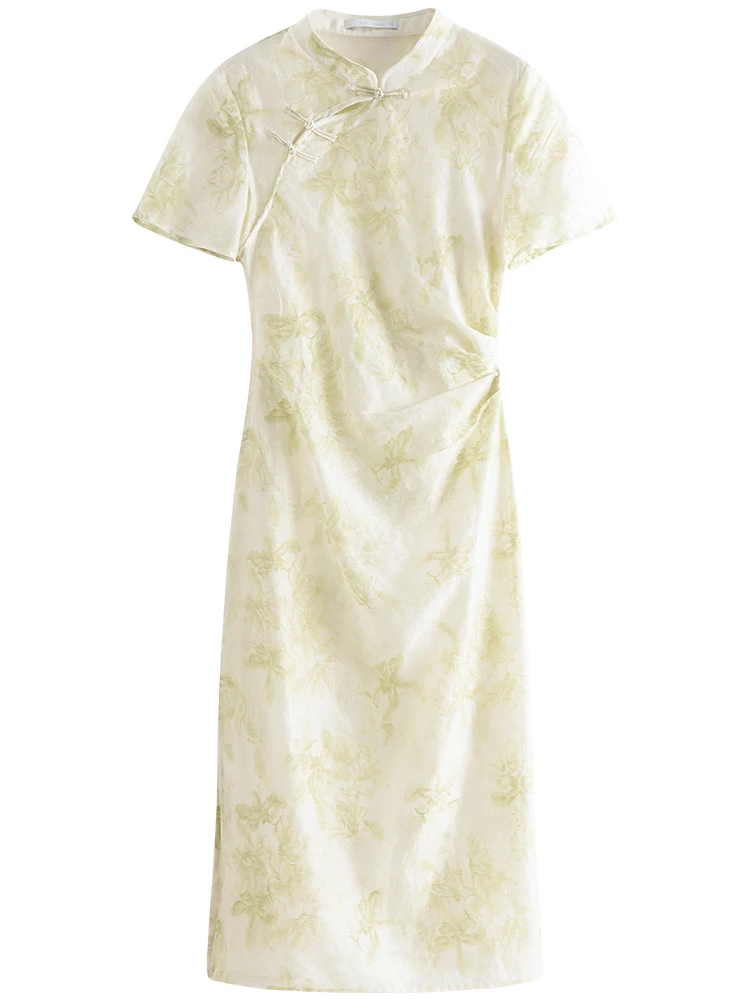 FSLE New Chinese Style Camisole Skirt+Green Floral Dress Two Sets Waist Pleated Design Short Sleeve Stand Collar Dress 24FS12289