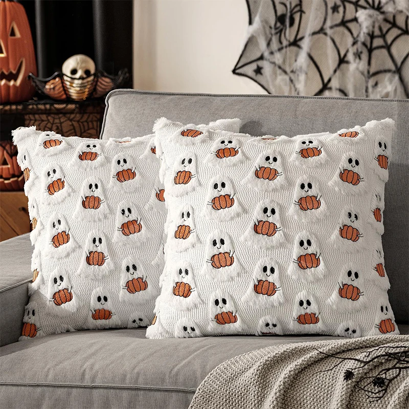 Halloween Black & White Ghost Bat Decorative Plush Pillow Cover - Festive Home Accent