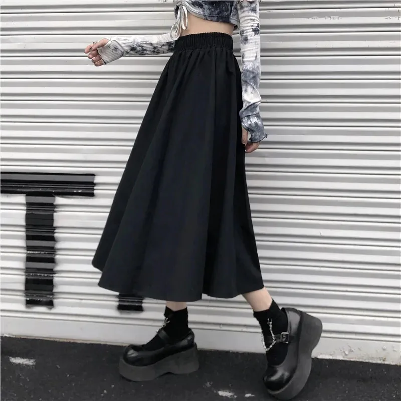 

High Waist Oversized 5Xl Solid Women Midi Skirt Japanese New Elastic Waist A Line Length Ins Tide Casual Pleated Female Skirts