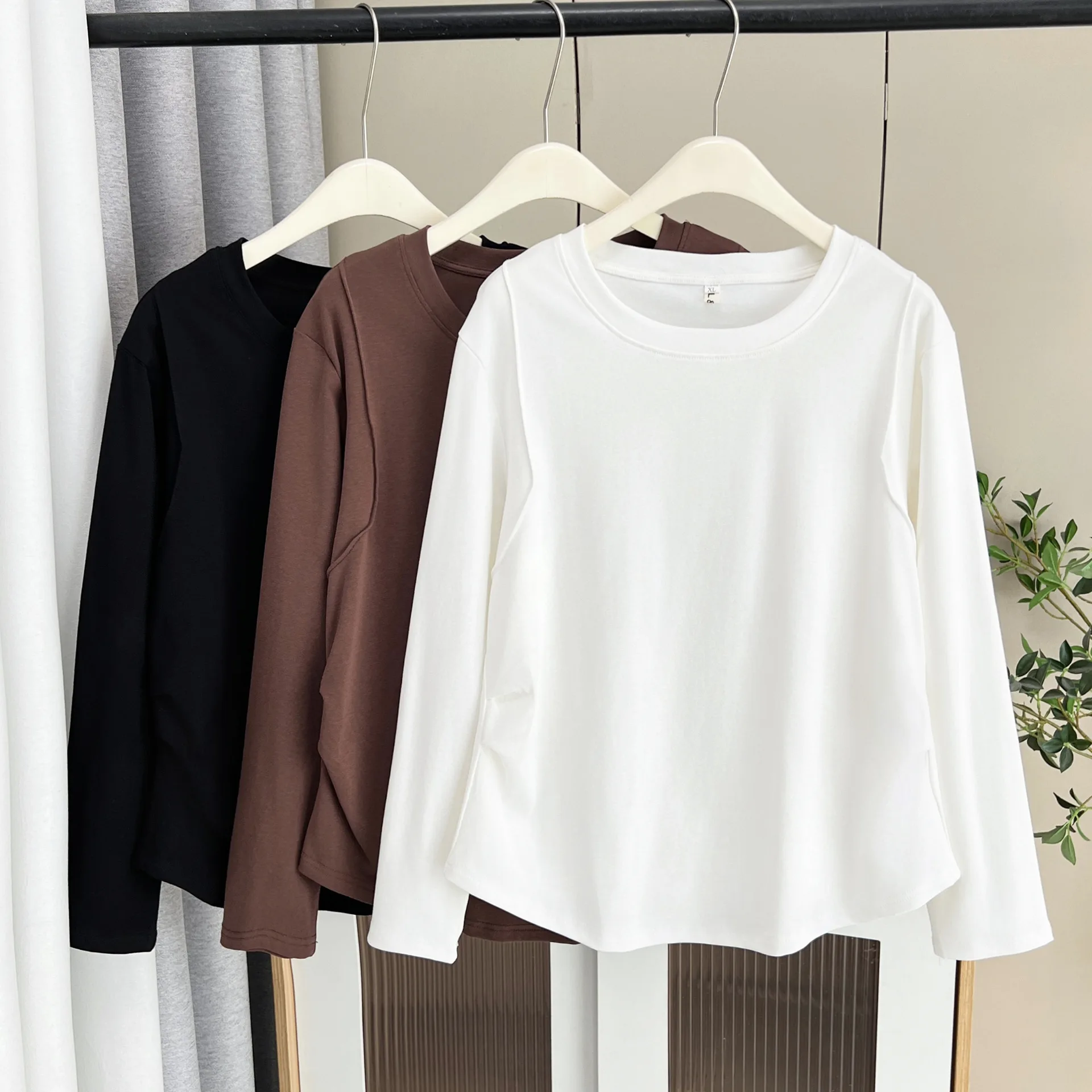 Fashion Plus Size Women's T-Shirt Autumn Casual double-sided Fold Waist Long Sleeve Tops 2538