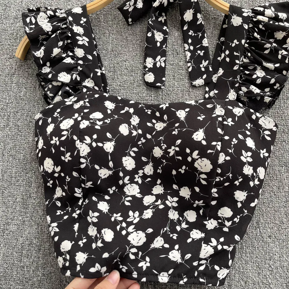 SINGREINY Summer Floral Strap Tops Women Square Neck Bow Ruffles Short Camisole Fashion Korean Flower Ladies Elastic Waist Top black camisole