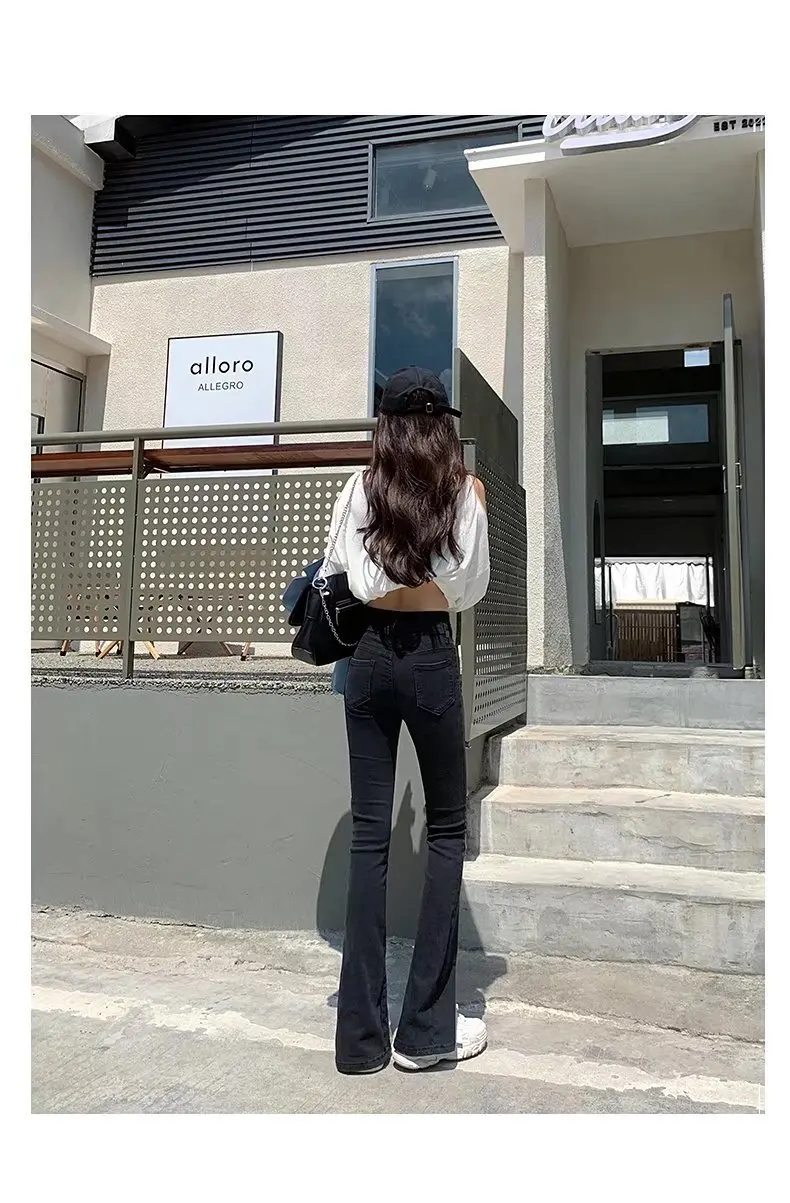 여성용 용수철 하이 웨이스트 슬릿 스트레이트 스트레치 청바지, 슬림 슬림 블랙, 작은 마이크로 플레어 팬츠, 2024