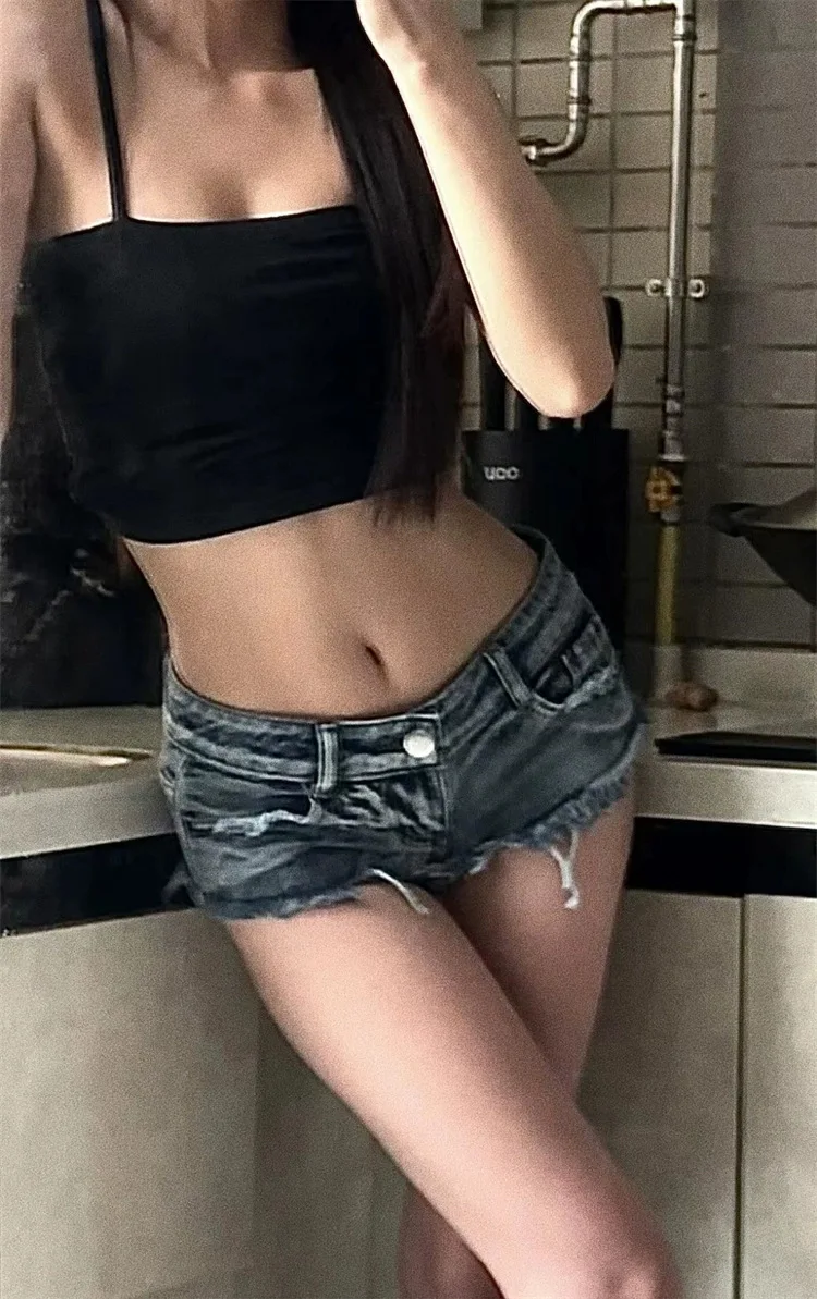2026 Summer New Women Washed Blue Sexy Low Rise Ultra Short Denim Shorts Raw Shorts Female Jeans_ecoleips.com
