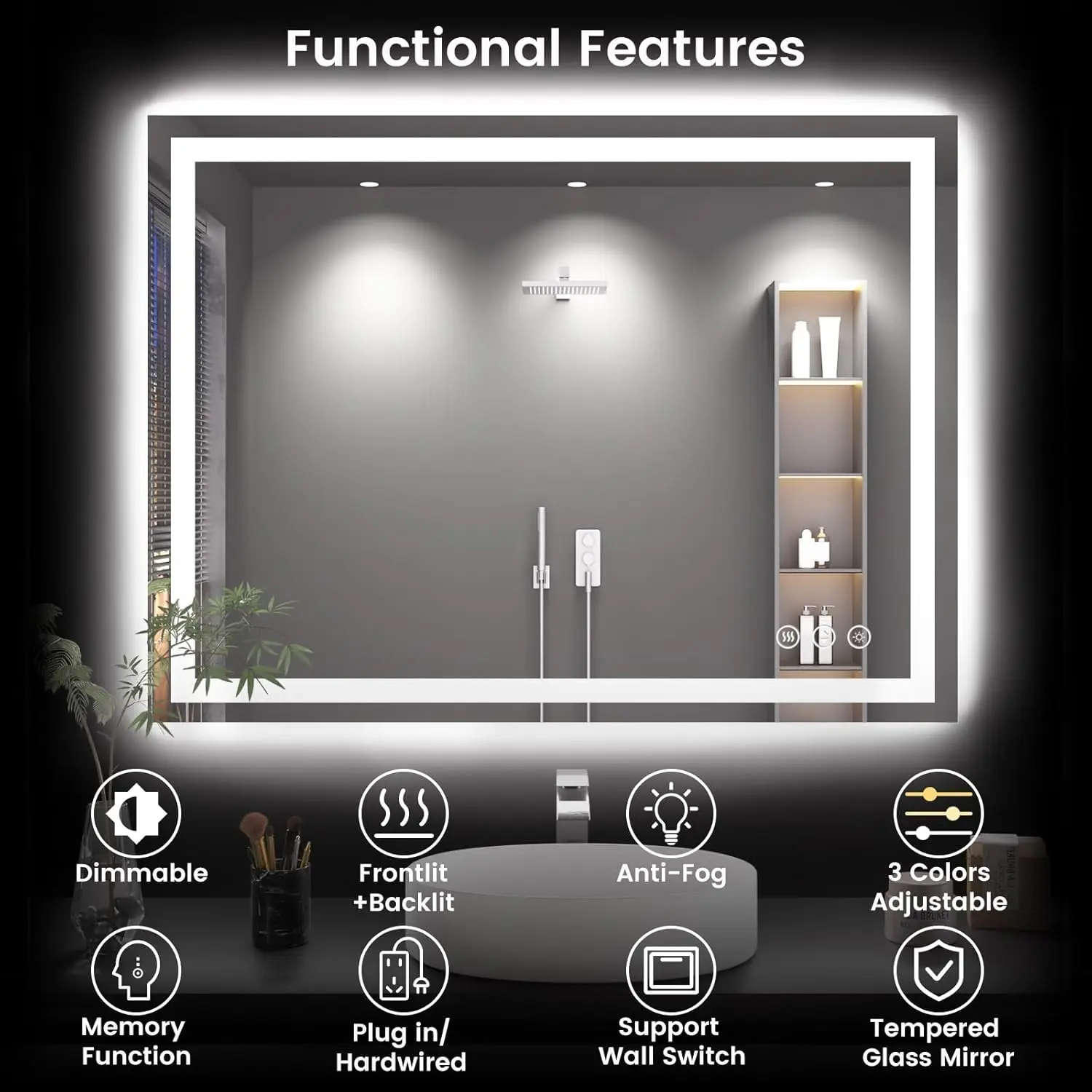 40X30 LED Bathroom Mirror with Lights, Anti-Fog, Backlit + Front Lit, Lighted Bathroom Vanity Mirror for Wall, Memory Function,