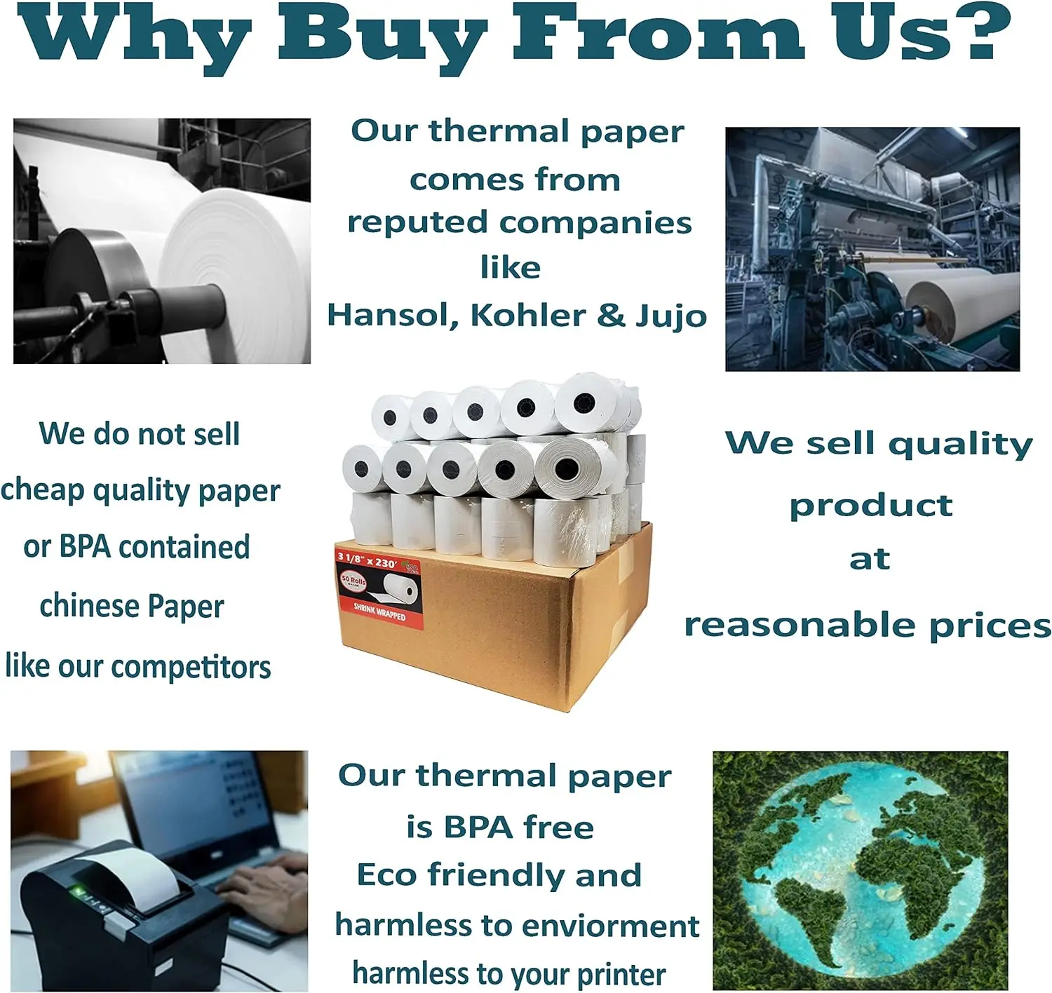 Thermal Paper Receipt Rolls (50 Rolls) (55 GSM Premium Quality German Paper) 3 1/8 x 230 Fits All POS Cash Registers BPA Free
