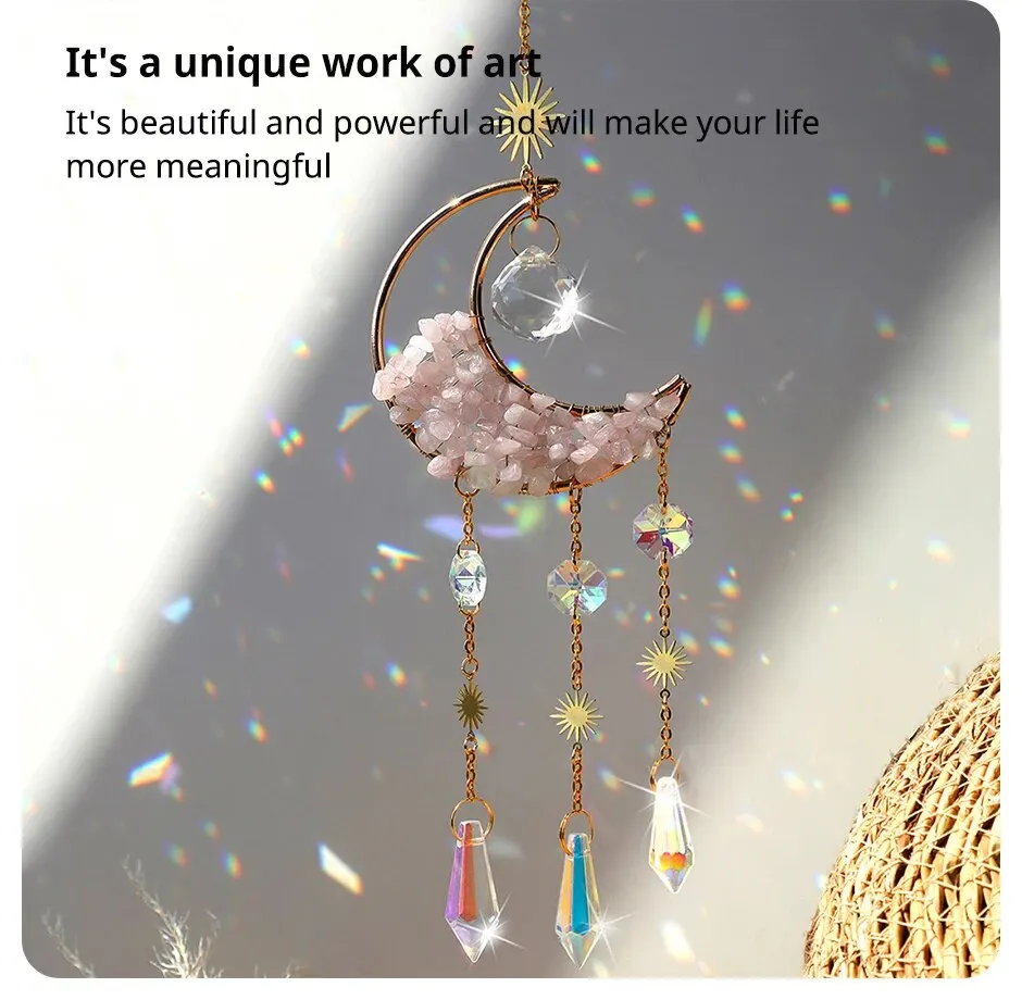 Description Picture 6 of item1 Piece Rainbow Made Crystal Suncatcher, Raw Stone Moon Home Decor for Garden Bedroom Balcony Pendant