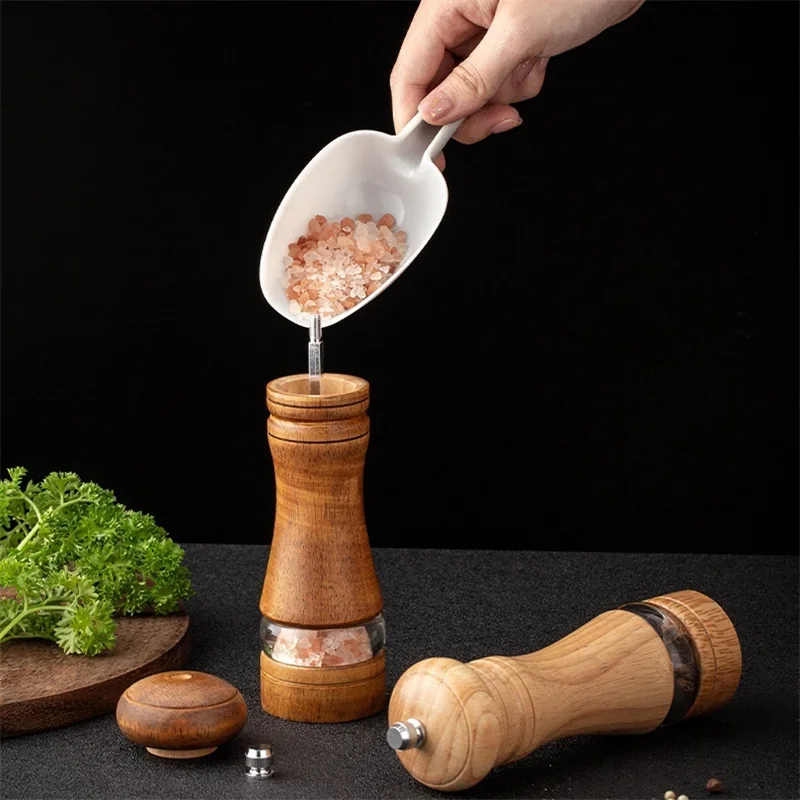 6-inch Manual Pepper Grinder Rubber Wood Acrylic Salt Shakers Adjustable Ceramic Rotor-Refillable Oak Spice Salt Grinding Bottle