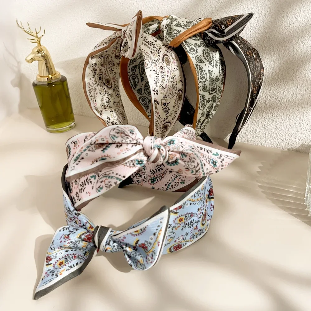 Bohemian retro bandana bow rabbit ear headband for women floral paisley wide hoop turban hair tie hair styling accessories