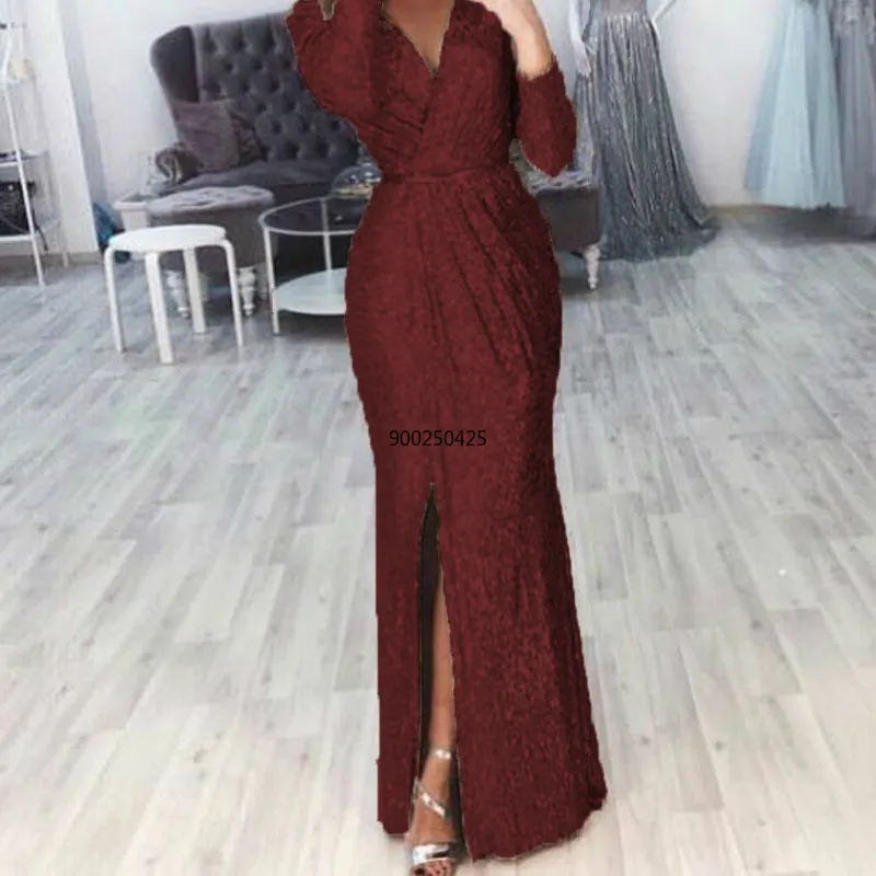 Women Dress V Neck Floor Length Long Sleeve Thigh High Slit Sequin Mermaid Dresses Plus Size Evening Gowns Lady Elegant Dresses
