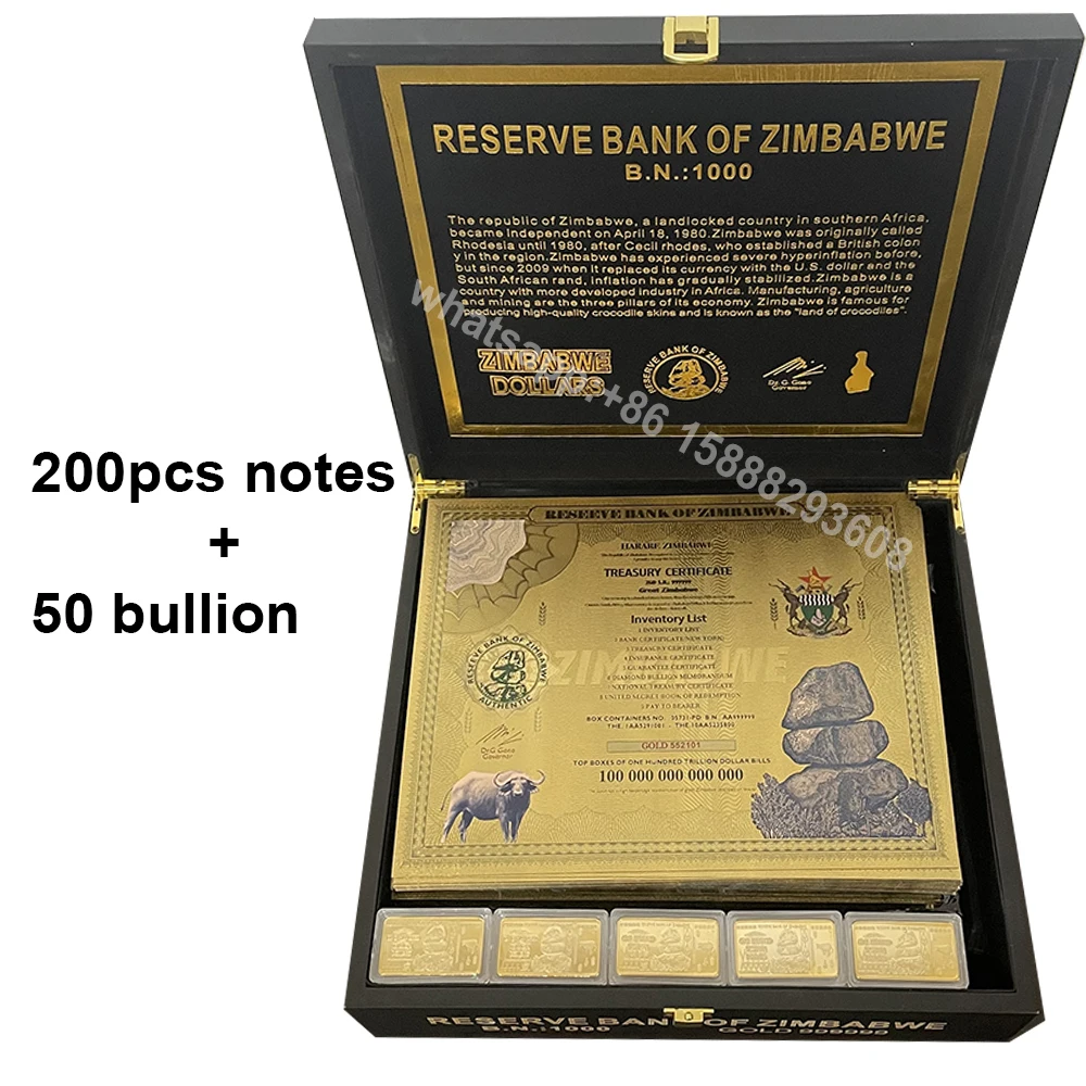 

200pcs Large Zimbabwe Certificate 999999 gold one hundred trillion Banknotes great zimbabwe With 50pcs Gold Bar Fans Collection