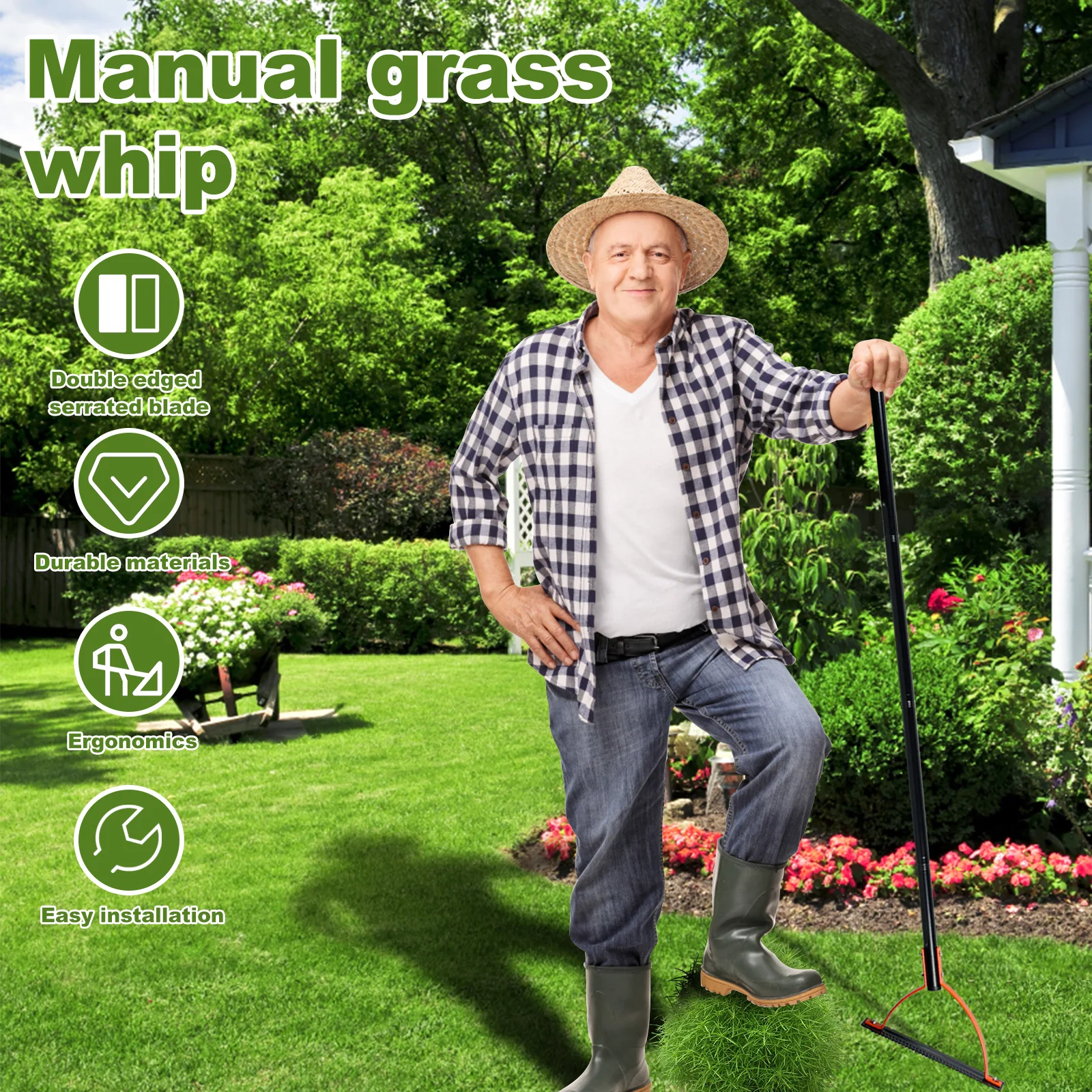 Grass Whip with Double-Edged Serrated Sharp Steel Blade Manual Weed Grass Cutter with 30 Inch Handle Handheld Weed Whacker 2