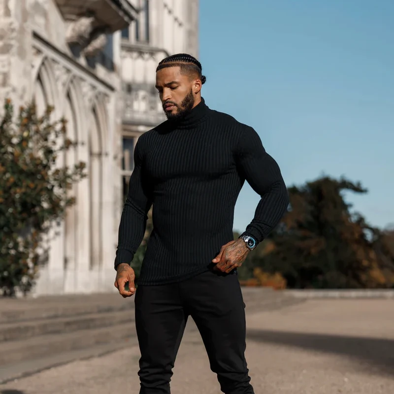 Father Sons Classic Black Ribbed Knit Roll Neck Pullover New Men Long  Sleeve T-Shirt Sports Fitness Tight Casual Bottom Shirt - AliExpress