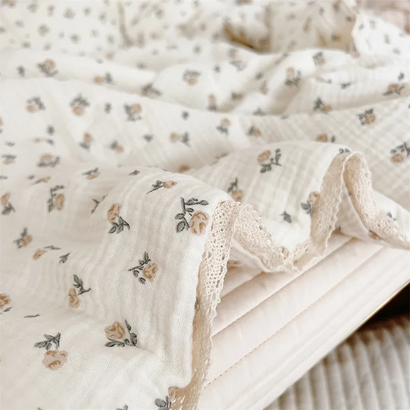 Cotton Muslin Quilted Baby Blanket Vintage Toddler Floral Blanket -Rose 120x150cm
