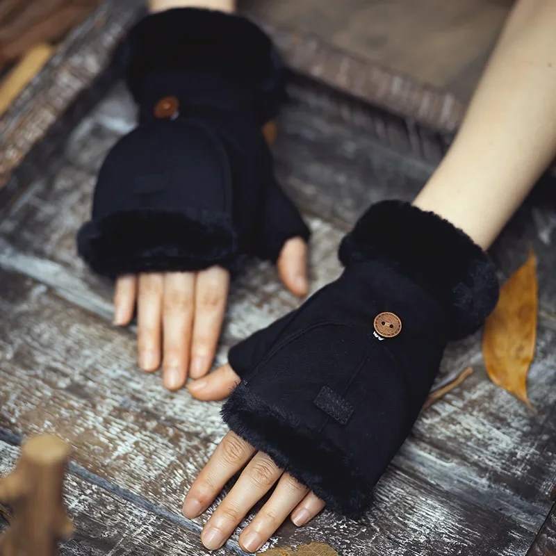 Winter Women's warm thickened half finger suede gloves button closure winter sports knitted ski gloves for women snowboarding 5