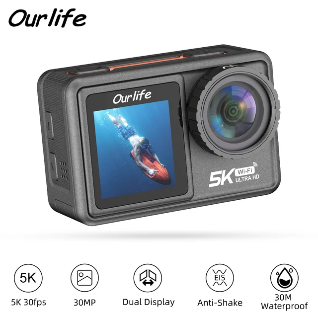Ourlife Action Camera 5K30FPS EIS 2.0 Inch IPS Dual Screen 30M Waterproof WiFi 5X Zoom Helmet Sport Camera With Remote Control
