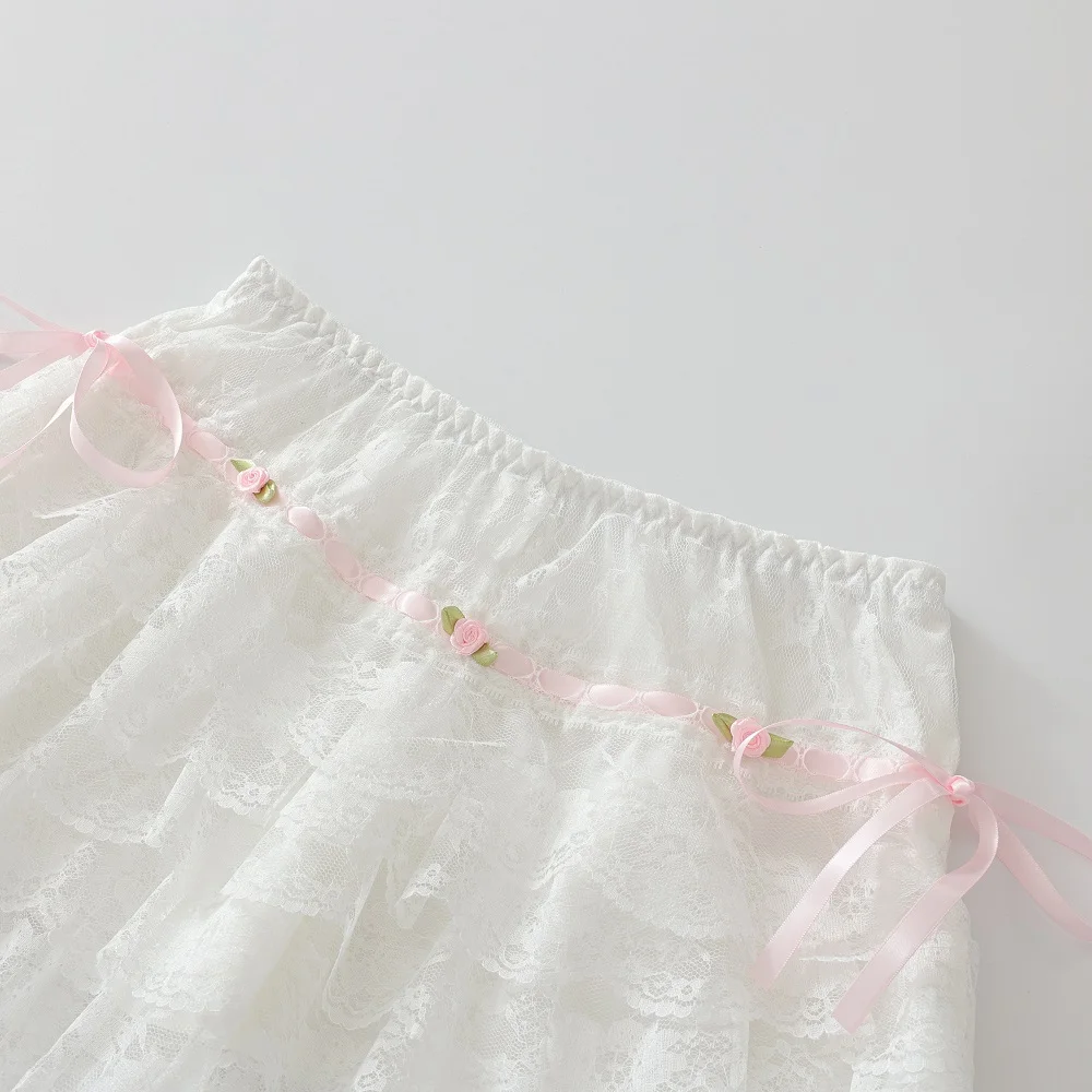 Cute Lace Shorts Women Ribbons Flowers Elastic Waist Lolita Style Multilayer Bottoming Shorts for Sweet Girls Kawaii Clothes