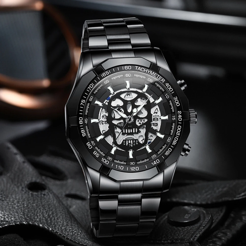Big Dial Quartz Watch for Men Skull Carving Skeleton Sports Wristwatch Fashion Luxury Black Male Clock Dropshipping Men's Watch
