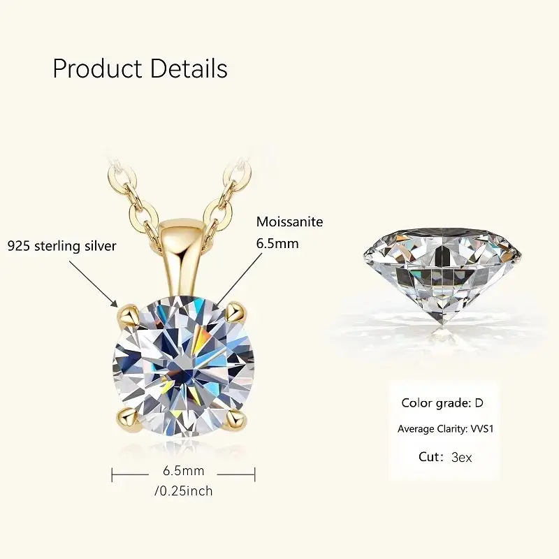 6.5mm 1.0 Carat D Moissanite Solitaire Drop Necklaces 18k Gold Plated Pendant Original Real 925 Silver Chain Jewelry for Women
