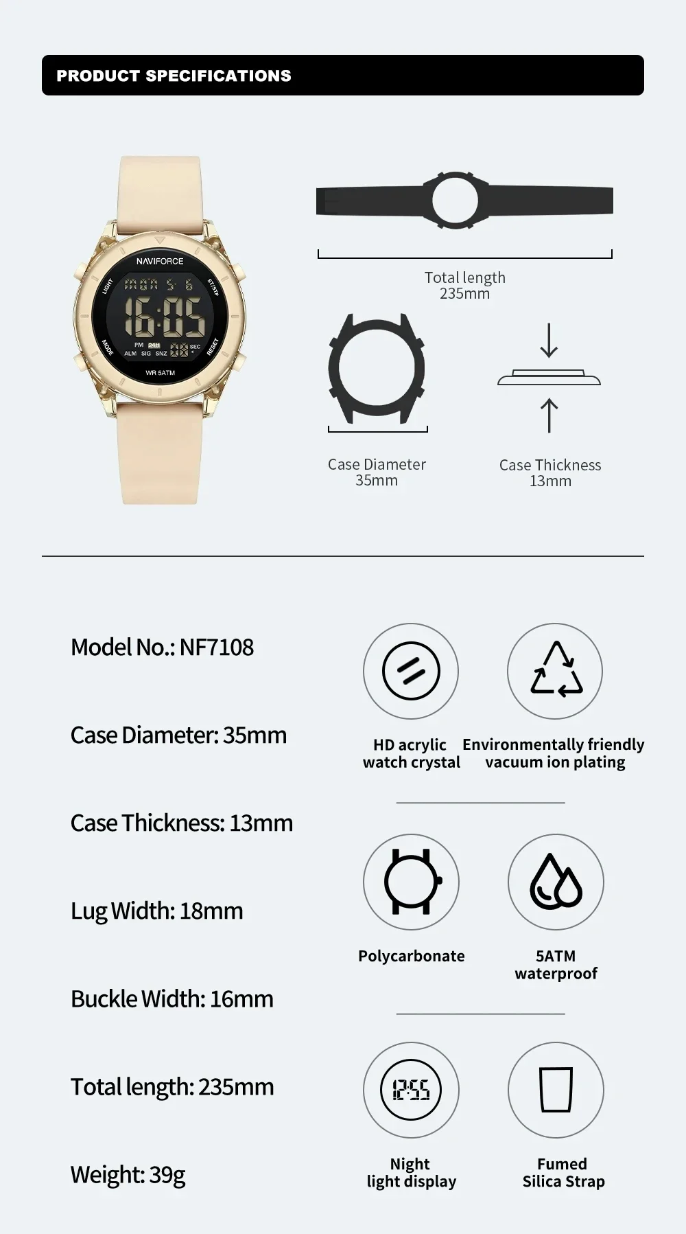 ساعة رياضية نسائية LED وردي