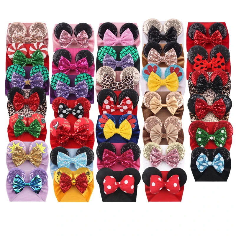 10Pcs/Lot 5'' Sequin Hair Bow Mouse Ears Turban Headband Girls Kids Head Wrap Glitter Headband DIY Hair Accessory Wholesale