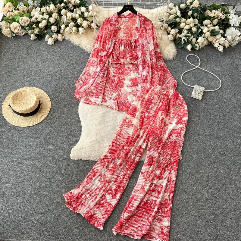 Ladies' Suit Spring Summer Loose Pleated Shirt Bustier Draped High-waisted Pants Printed Lapels Single-breasted Three-piece Suit