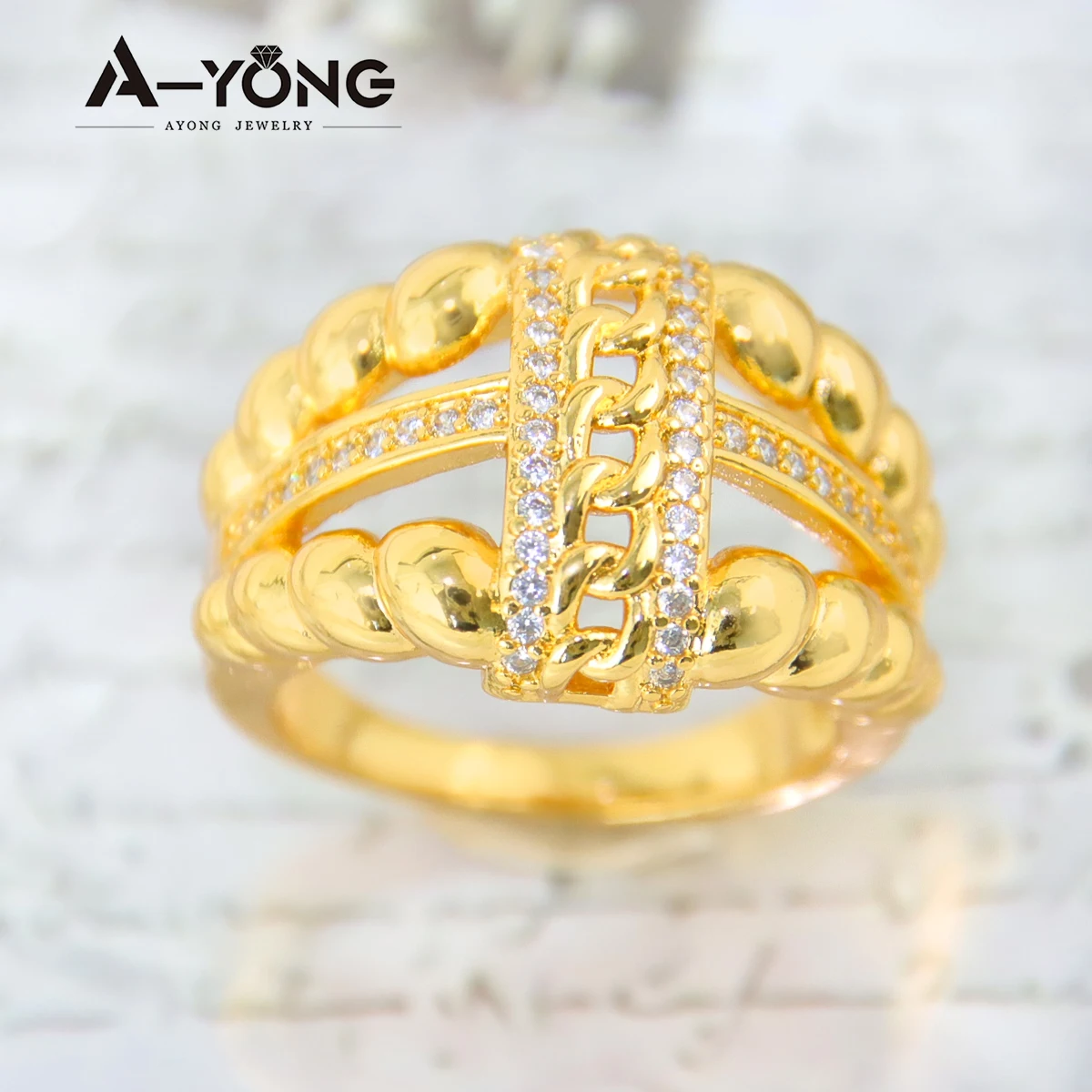 Luxus Dubai vergoldet großen Ring 21 Karat Gold Farbe italienischen Zirkon Cocktail Paare Ringe Saudi Frauen Mode Event Party Schmuck – Detail 6