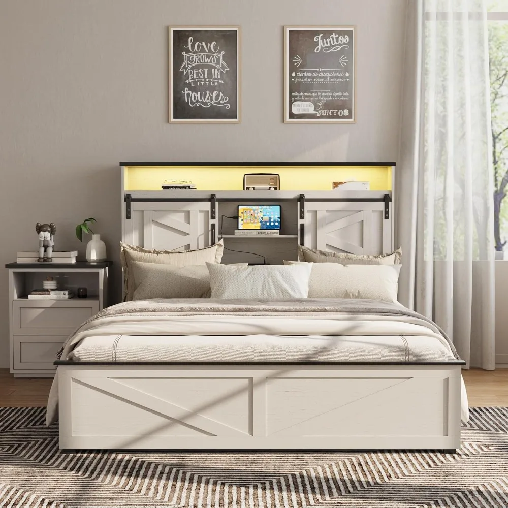 

Bed Frame Full Size, 4 Drawers, Bookcase Headboard, Sliding Barn Door Storage Shelves, LED Lights, Charging Station, Bed Frame