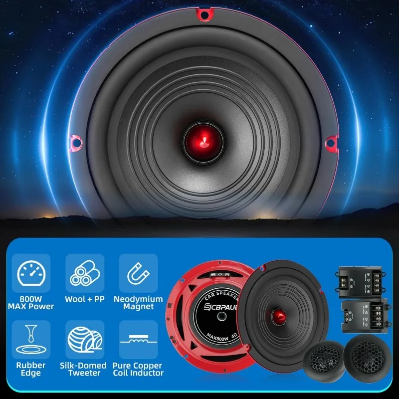 Altoparlanti Componenti da 6,5 Pollici 800W, Woofer ad Alte Prestazioni, Include Altoparlanti Mid-Bass, Tweeter a Cupola in Seta, Crossover Universali