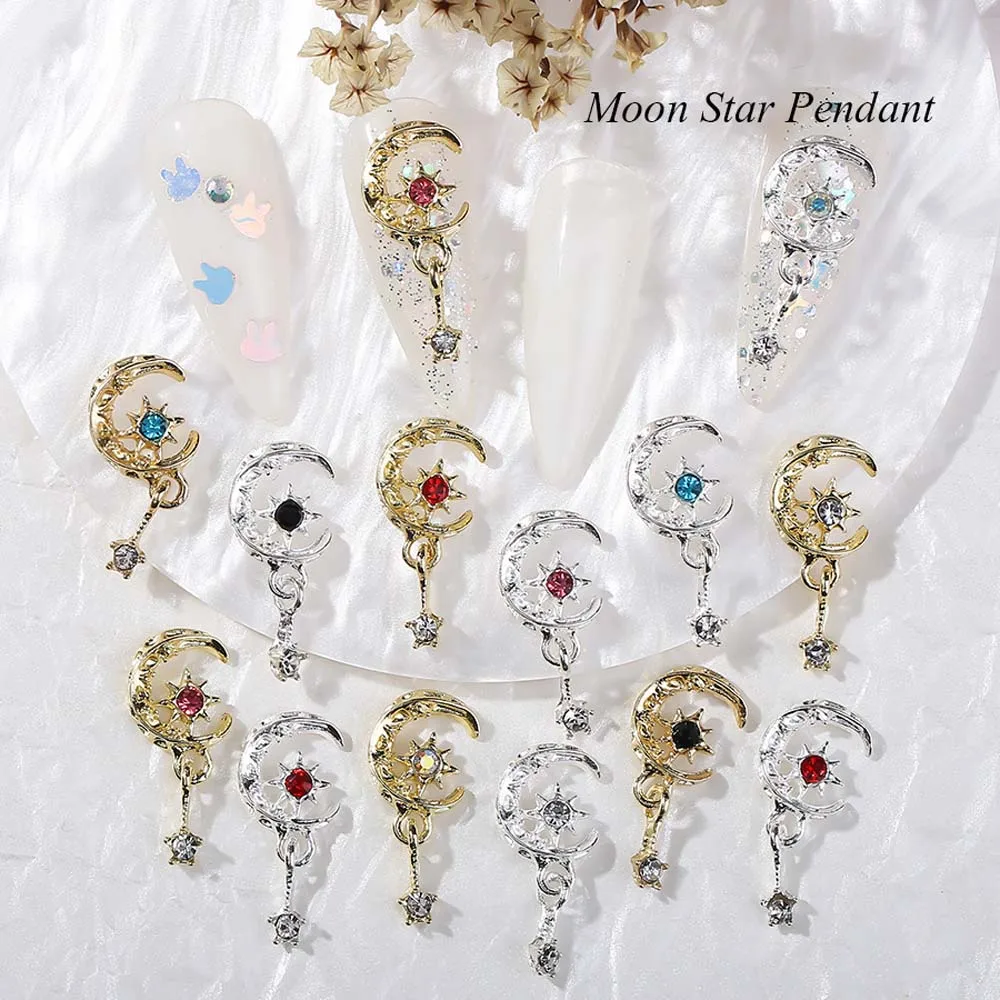 

10Pcs New Moon Star Pendant Nail Art Charms 3D Metal Super Shining Love Zircon Moon Nail Pendant DIY Nail Diamond Decorations