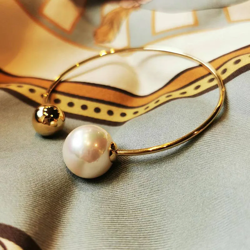 Pearl double ball sphere open cuff bangles stainless steel bangles for women simple elegant dainty jewelry stainless steel jewel 4