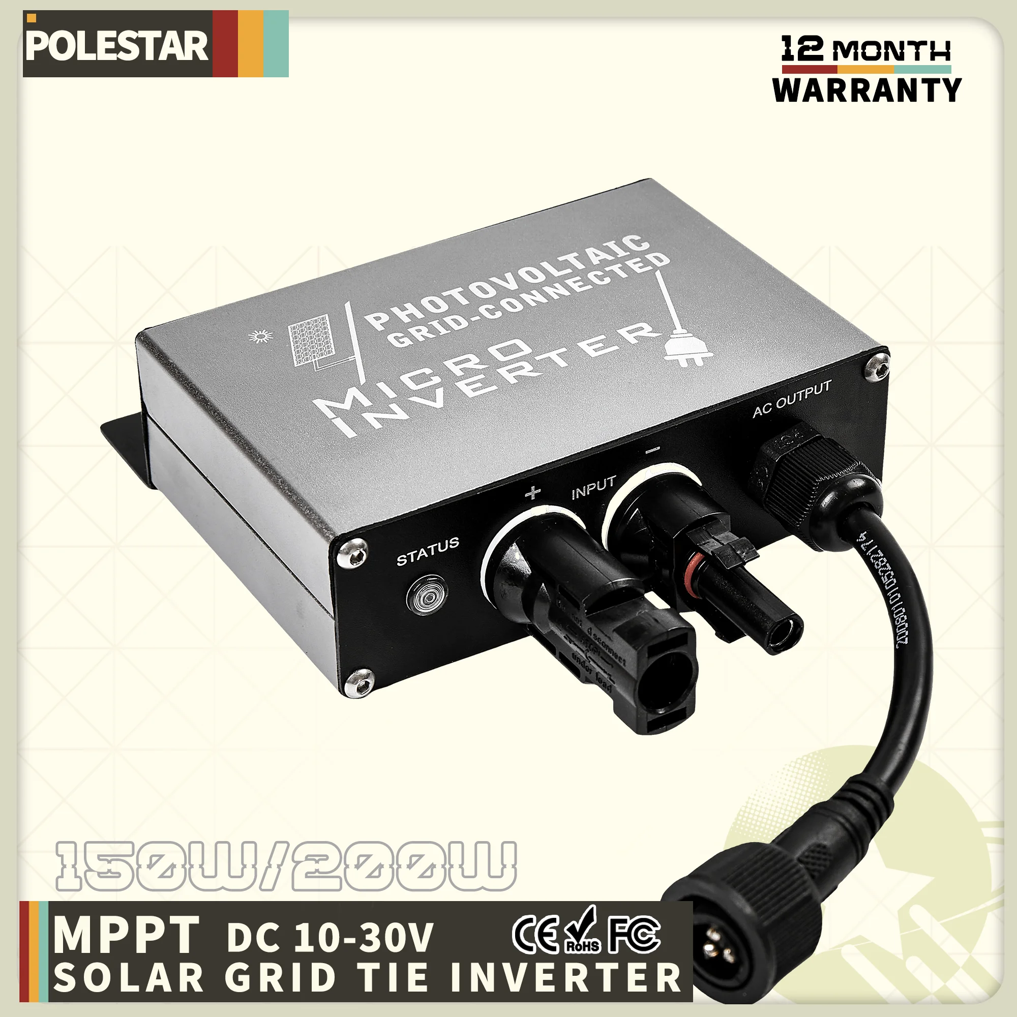 ไมโครอินเวอร์เตอร์พลังงานแสงอาทิตย์แบบเชื่อมต่อกริดขนาดเล็ก 180–265VAC 150W/200W, ฟังก์ชั่น MPPT, IP45 สำหรับระบบไฟฟ้าโซลาร์เซลล์บ้าน 1