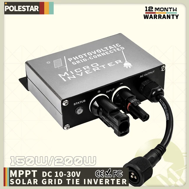 ไมโครอินเวอร์เตอร์พลังงานแสงอาทิตย์แบบเชื่อมต่อกริดขนาดเล็ก 180–265VAC 150W/200W, ฟังก์ชั่น MPPT, IP45 สำหรับระบบไฟฟ้าโซลาร์เซลล์บ้าน 1